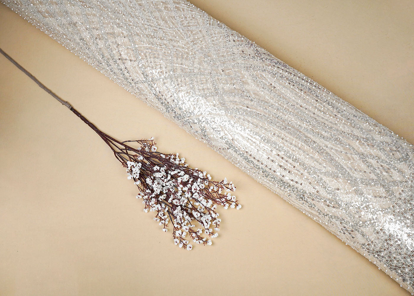 Cream Imported Net Fabric With Allover Sequins Katdana and Pearl Work 16115