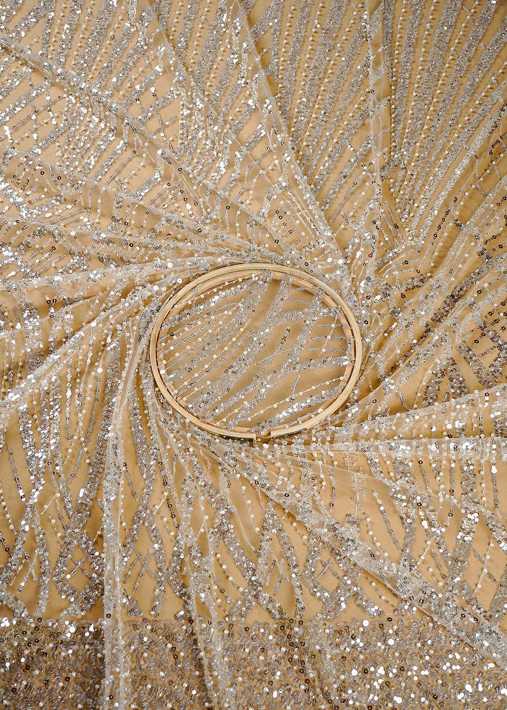 Cream Imported Net Fabric With Allover Sequins Katdana and Pearl Work 16115