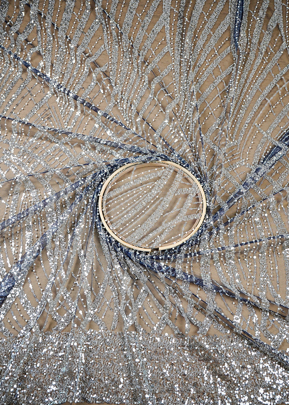 Navy Blue Imported Net Fabric With Allover Sequins Katdana and Pearl Work 16116
