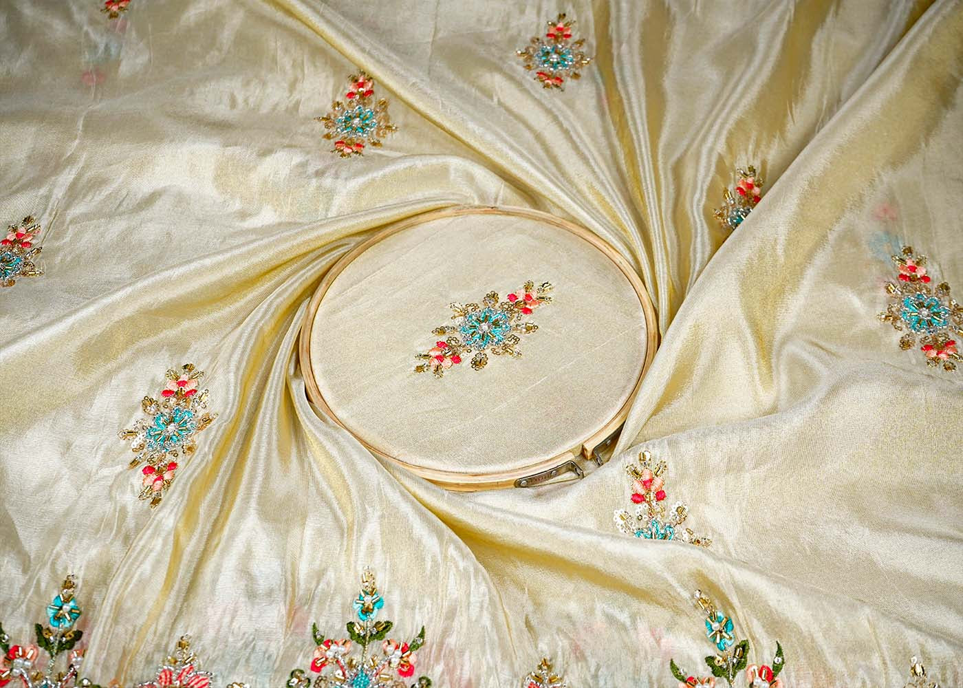 Golden Tissue Fabric Allover Katdana And Thread Work With Heavy Border 16119