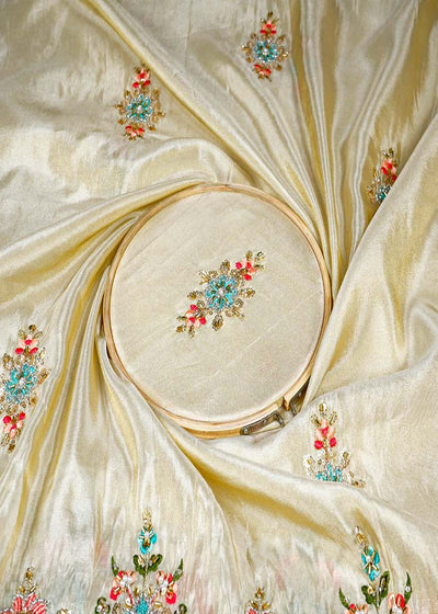 Golden Dyeable Tissue Fabric Allover Katdana And Thread Work With Heavy Border 16119