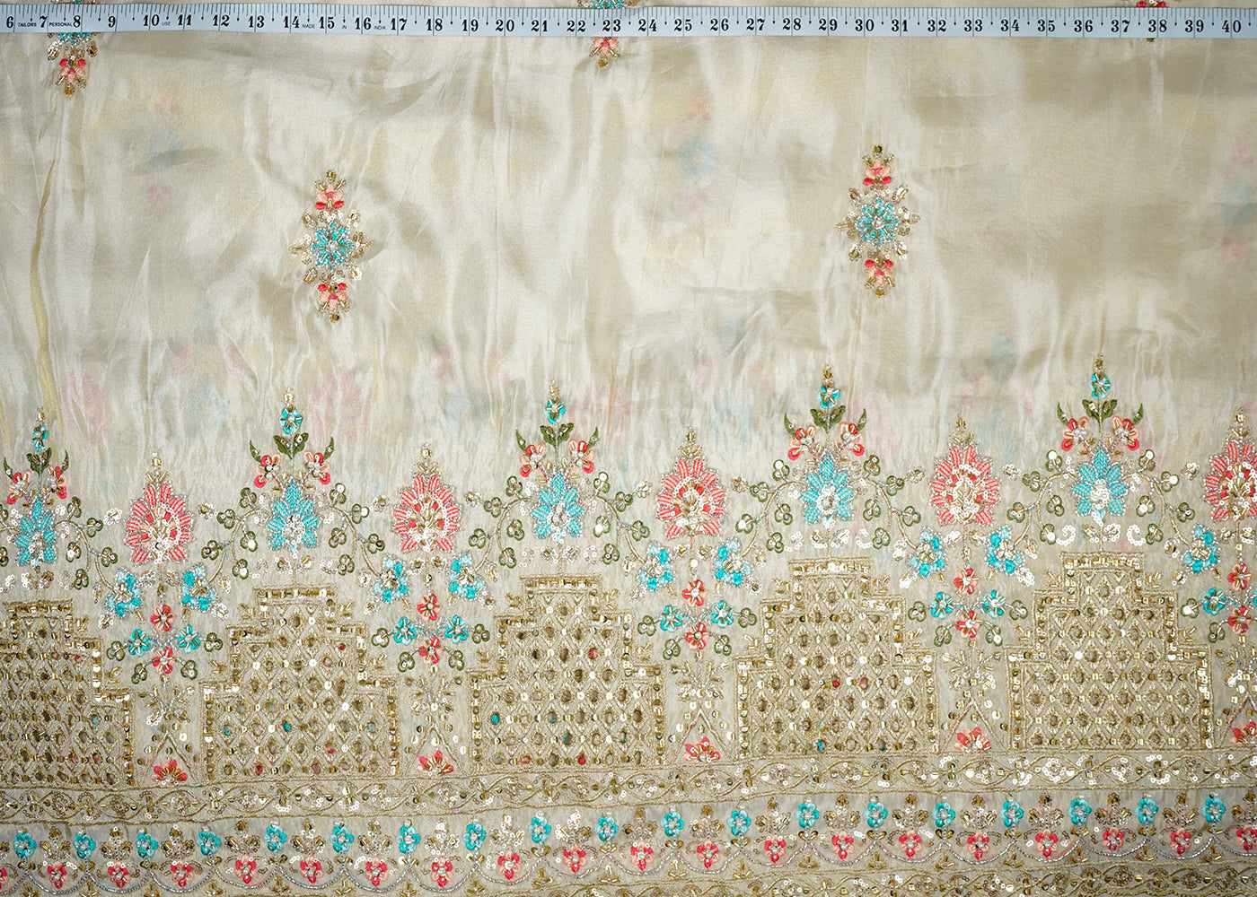 Golden Tissue Fabric Allover Katdana And Thread Work With Heavy Border 16119