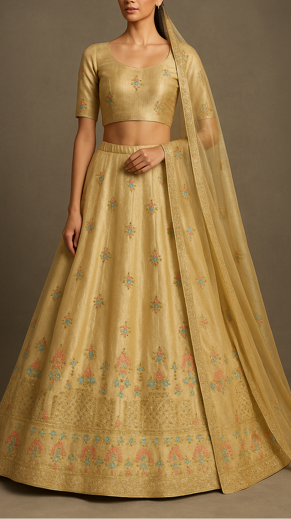 Golden Dyeable Tissue Fabric Allover Katdana And Thread Work With Heavy Border 16119