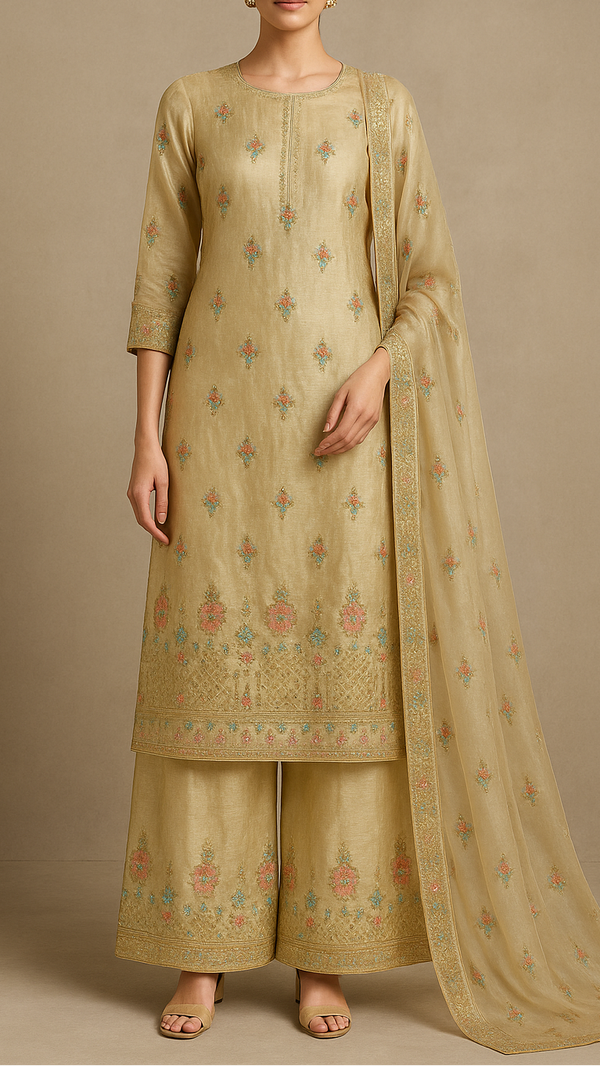 Golden Dyeable Tissue Fabric Allover Katdana And Thread Work With Heavy Border 16119