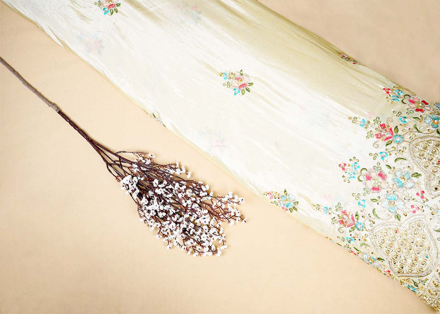 Golden Tissue Fabric Allover Katdana And Thread Work With Heavy Border 16120
