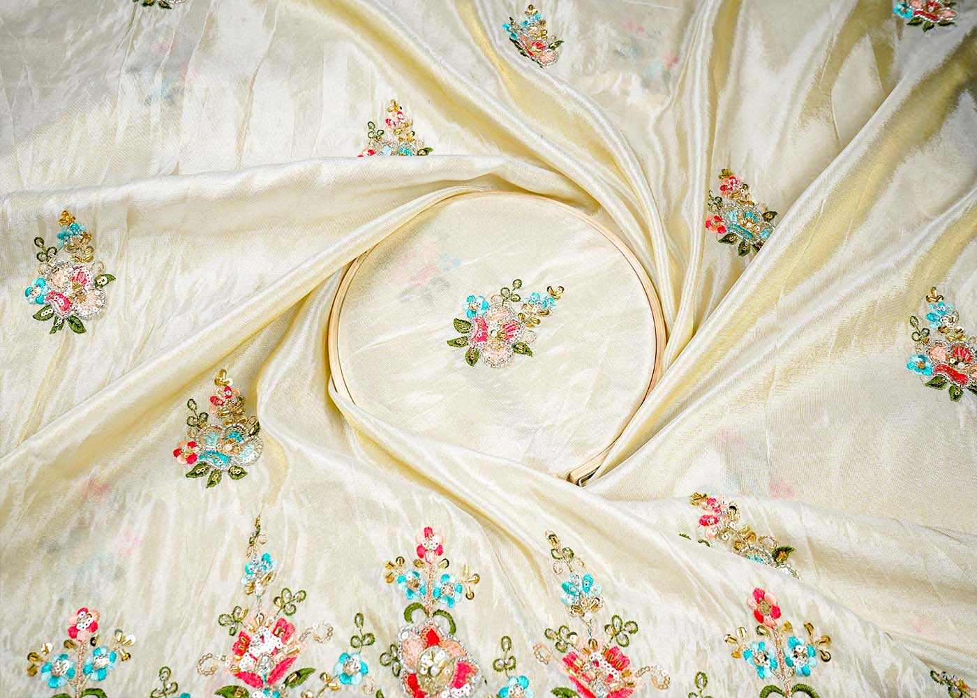 Golden Tissue Fabric Allover Katdana And Thread Work With Heavy Border 16120