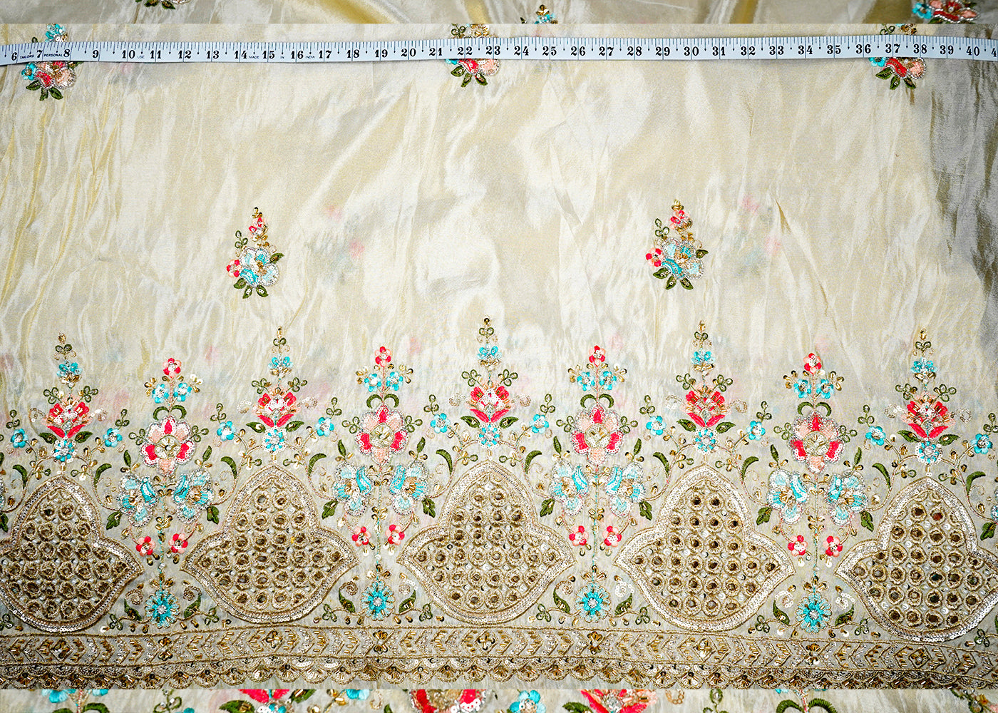 Golden Tissue Fabric Allover Katdana And Thread Work With Heavy Border 16120