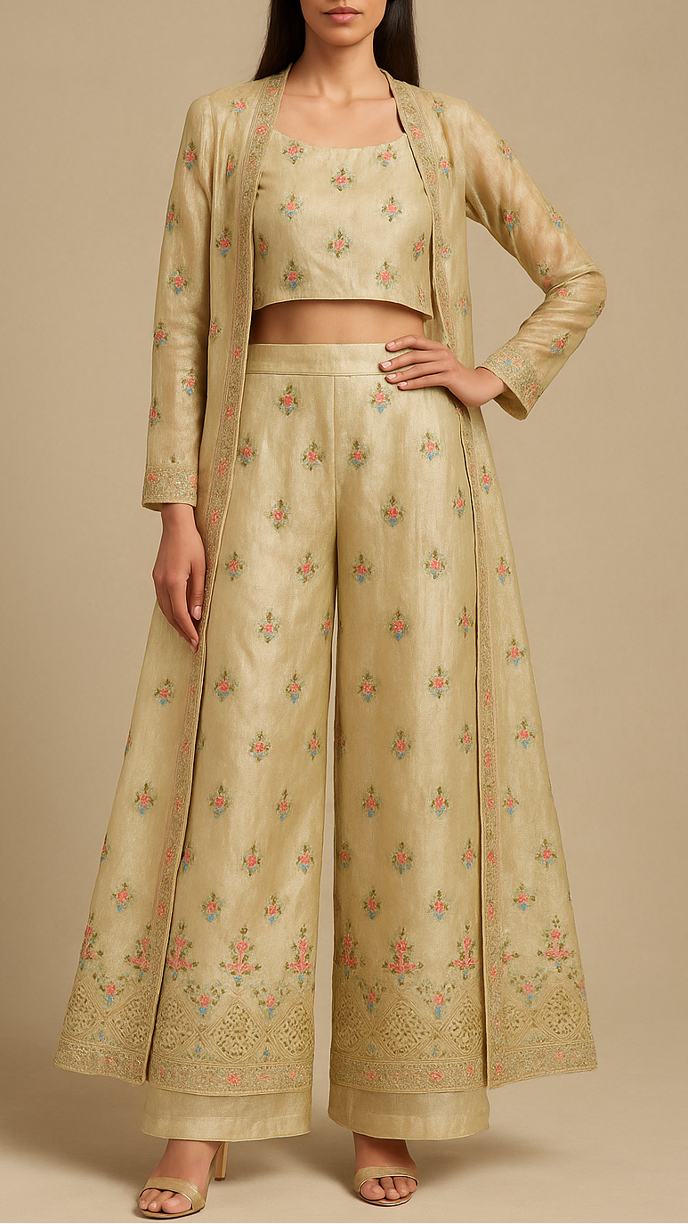 Golden Tissue Fabric Allover Katdana And Thread Work With Heavy Border 16120