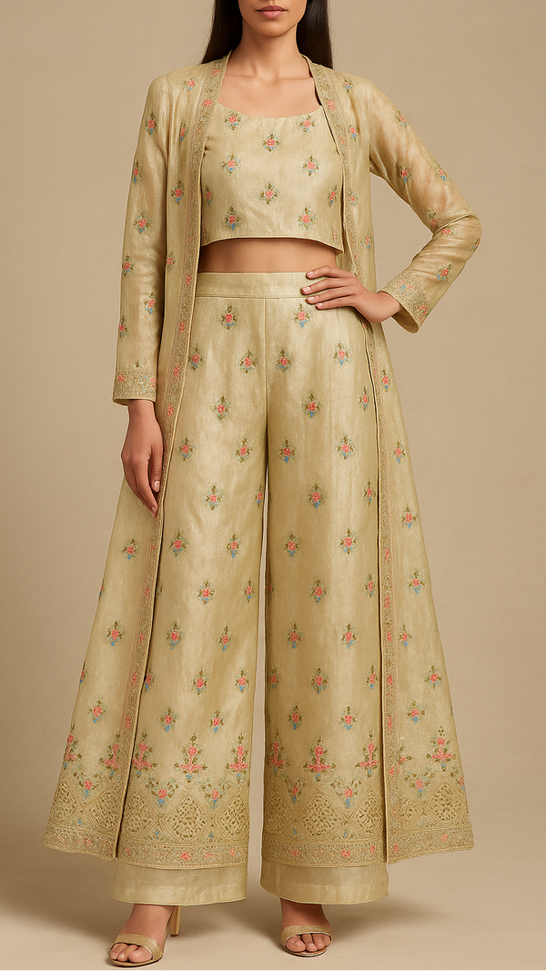 Golden Tissue Fabric Allover Katdana And Thread Work With Heavy Border 16120