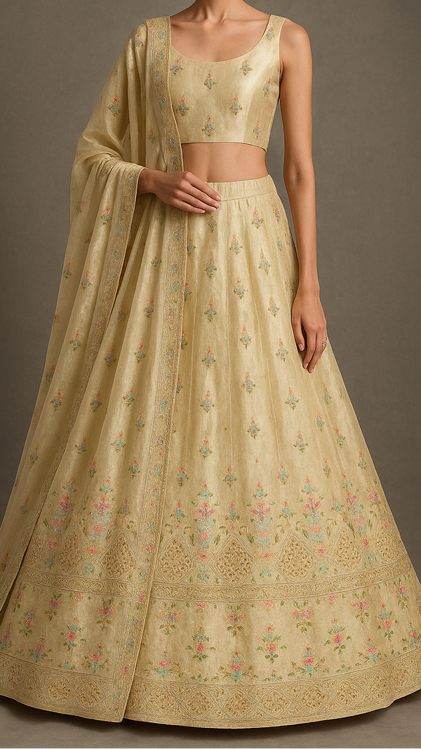 Golden Tissue Fabric Allover Katdana And Thread Work With Heavy Border 16120