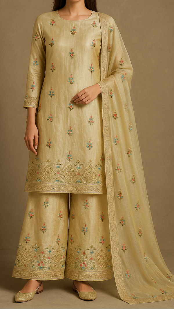 Golden Tissue Fabric Allover Katdana And Thread Work With Heavy Border 16120
