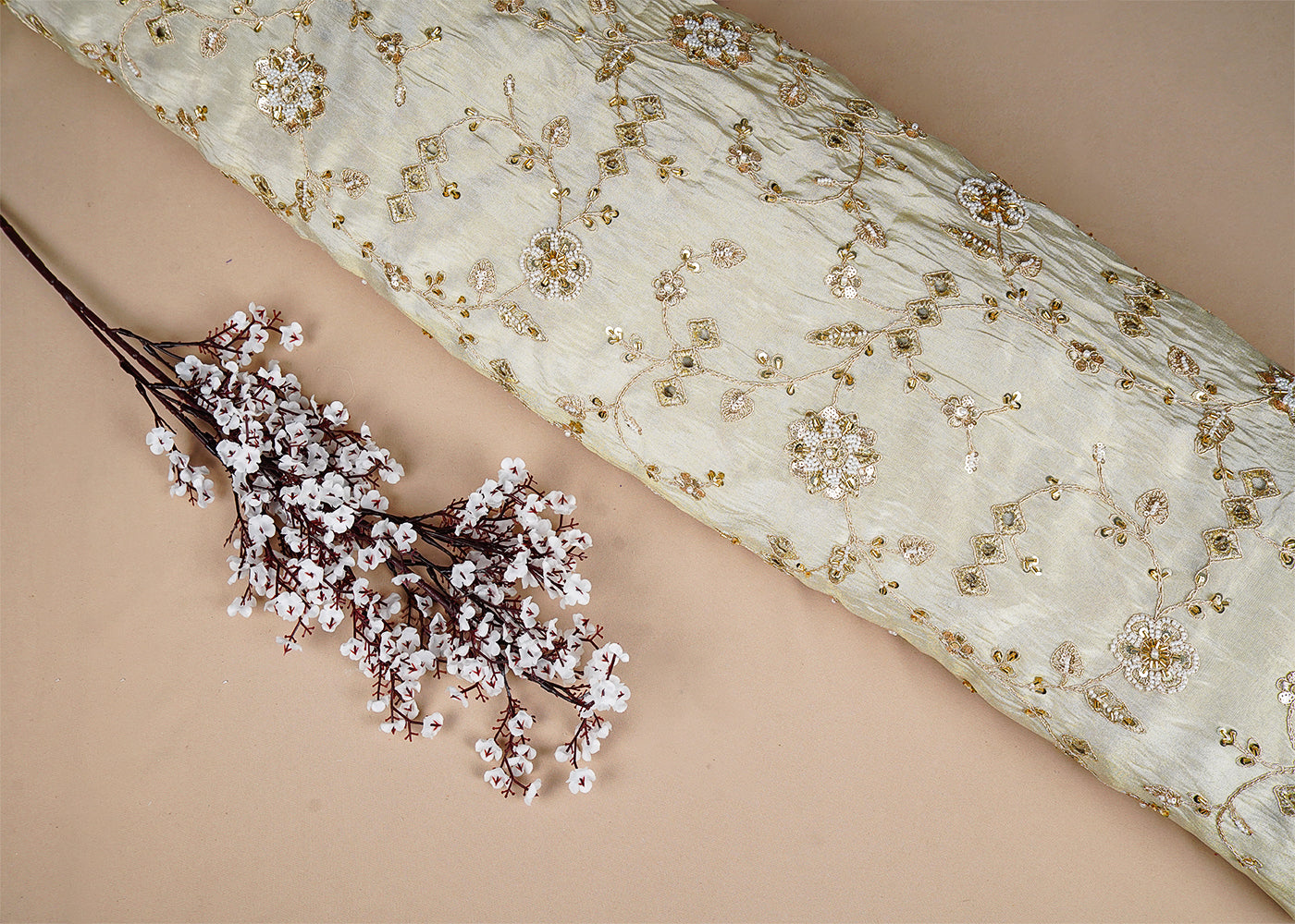 Golden Tissue Fabric with Allover Bead, Katdana, Sequins, Zari and Cutwork 16122