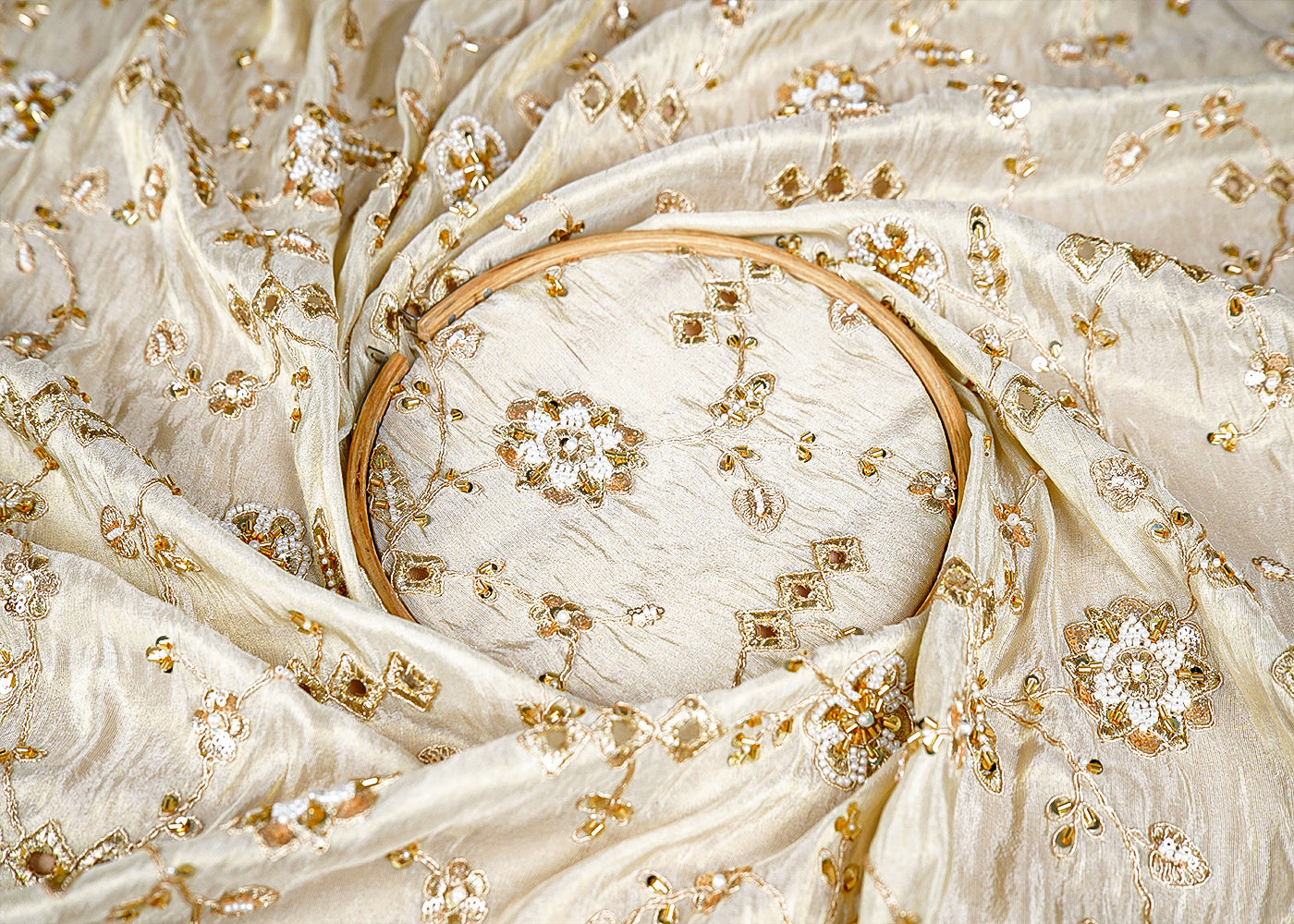 Golden Tissue Fabric with Allover Bead, Katdana, Sequins, Zari and Cutwork 16122