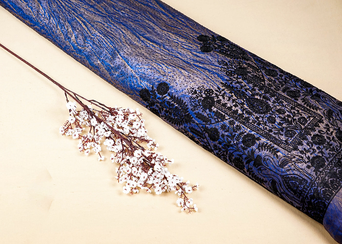 Royal Blue Silk Fabric With Tie-Dye and Swarovski Work With One Side Thread Work Border 16124