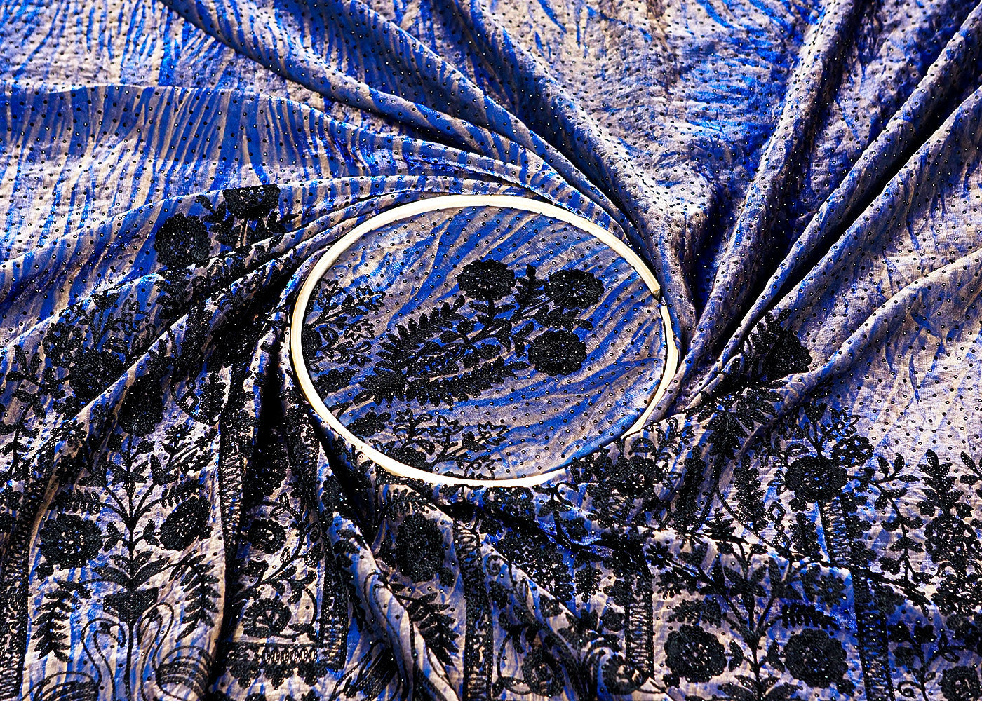 Royal Blue Silk Fabric With Tie-Dye and Swarovski Work With One Side Thread Work Border 16124