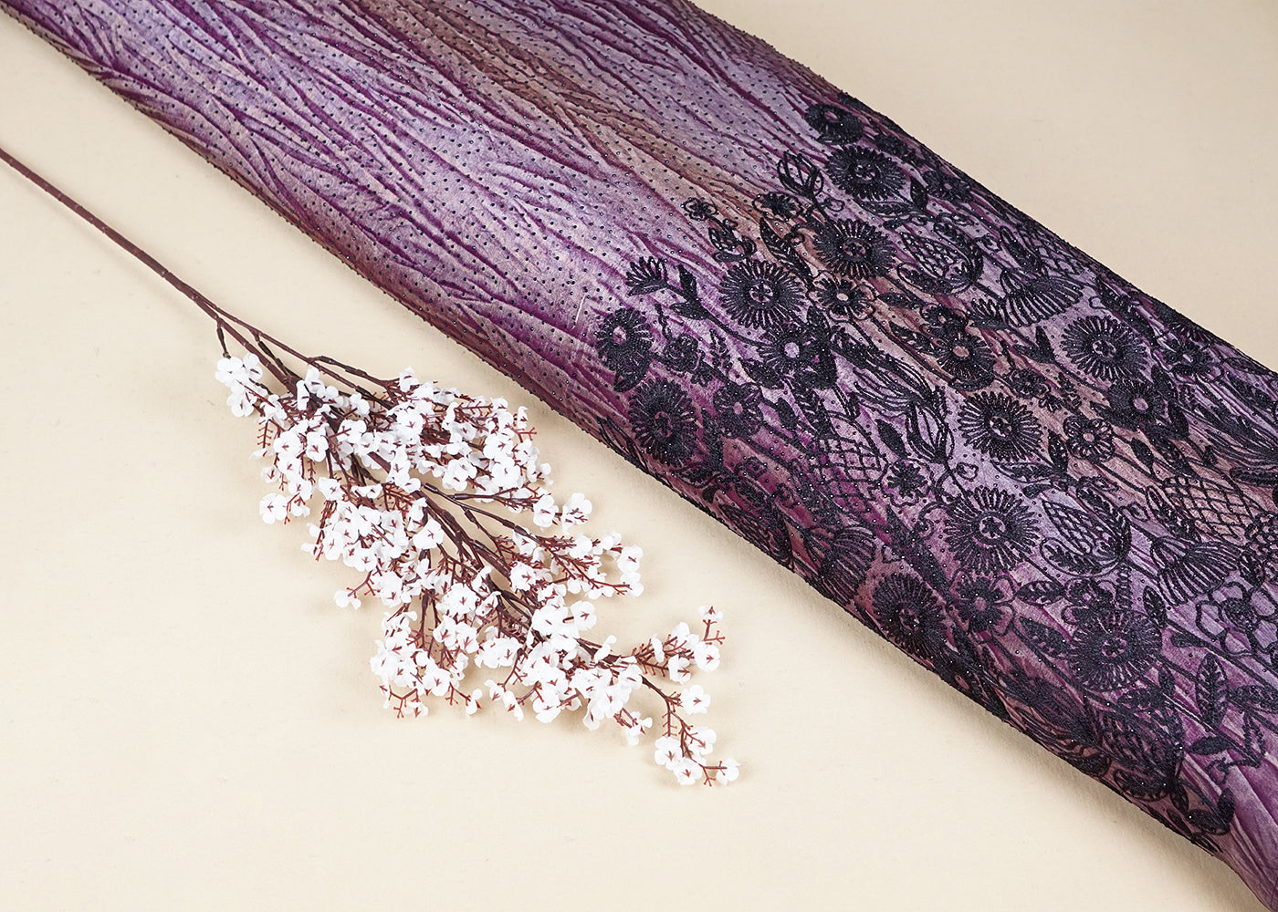 Purple Silk Fabric With Tie-Dye and Swarovski Work With One Side Thread Work Border 16126