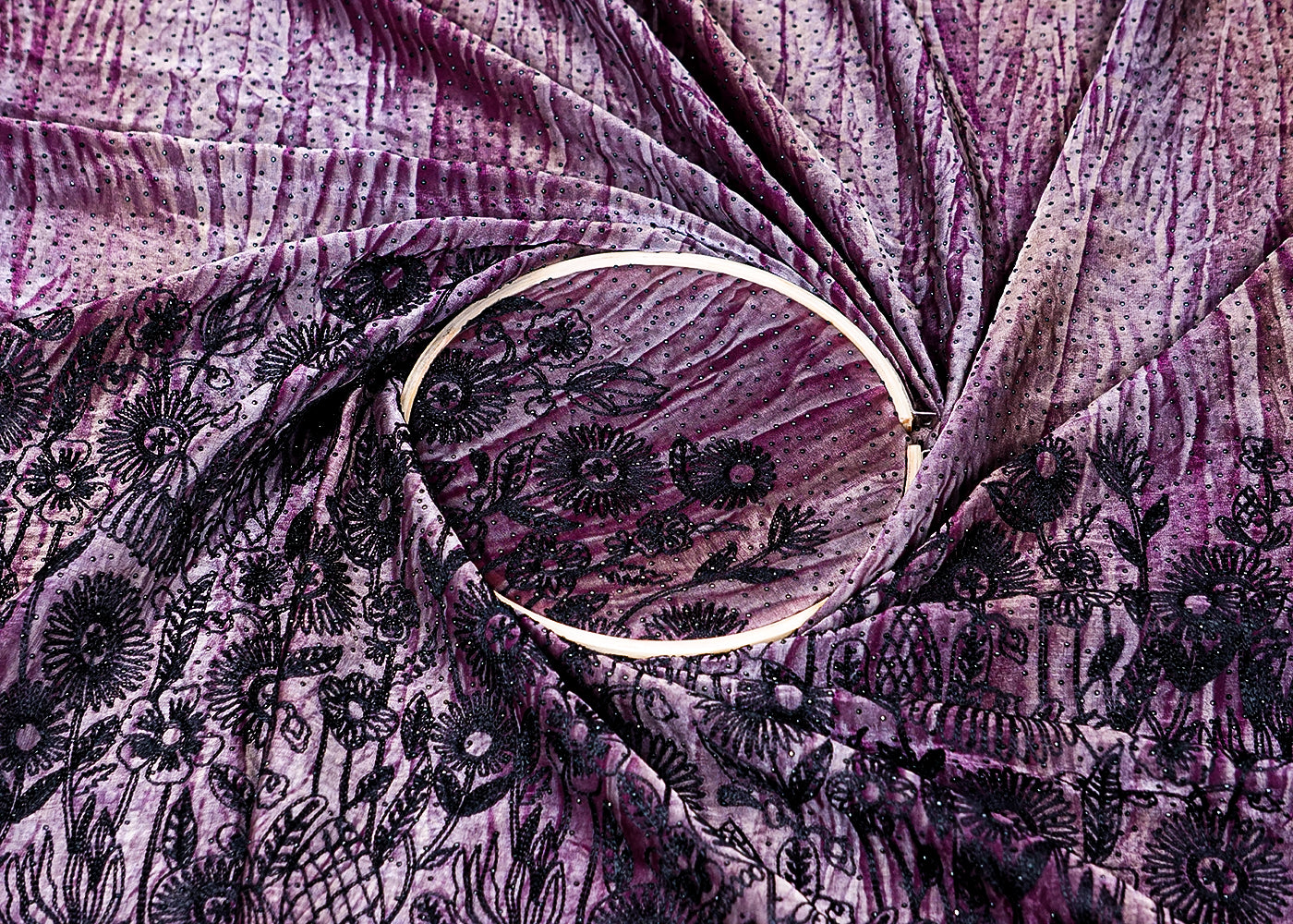 Purple Silk Fabric With Tie-Dye and Swarovski Work With One Side Thread Work Border 16126