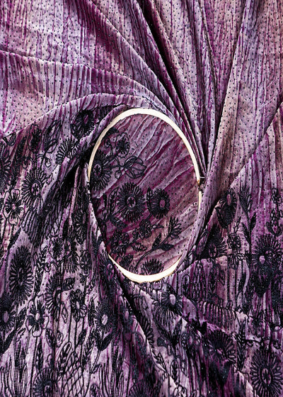 Purple Silk Fabric With Tie-Dye and Swarovski Work With One Side Thread Work Border 16126
