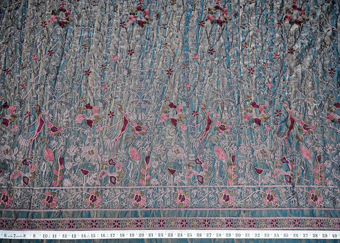 Teal Blue Silk Fabric With Allover Thread Work 16128