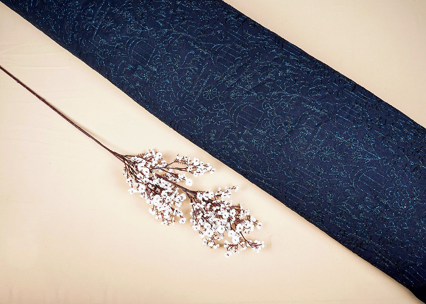Navy Blue Banana Crepe Fabric With Allover Gliter Thread Work 16130