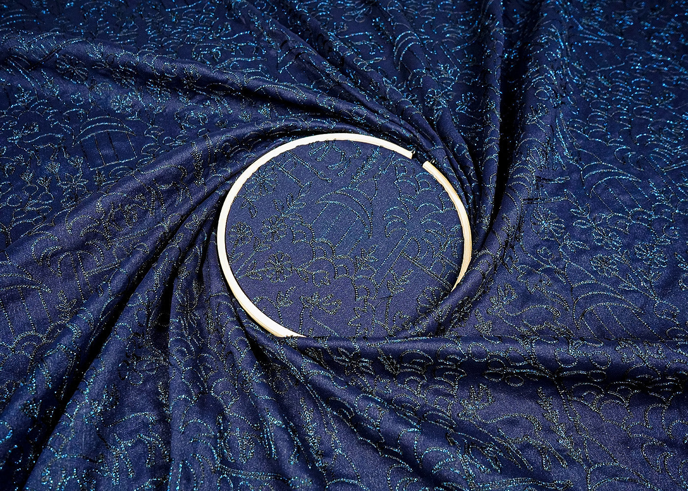 Navy Blue Banana Crepe Fabric With Allover Gliter Thread Work 16130