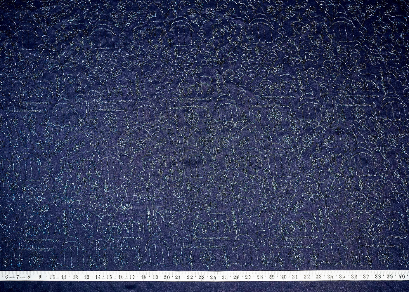 Navy Blue Banana Crepe Fabric With Allover Gliter Thread Work 16130