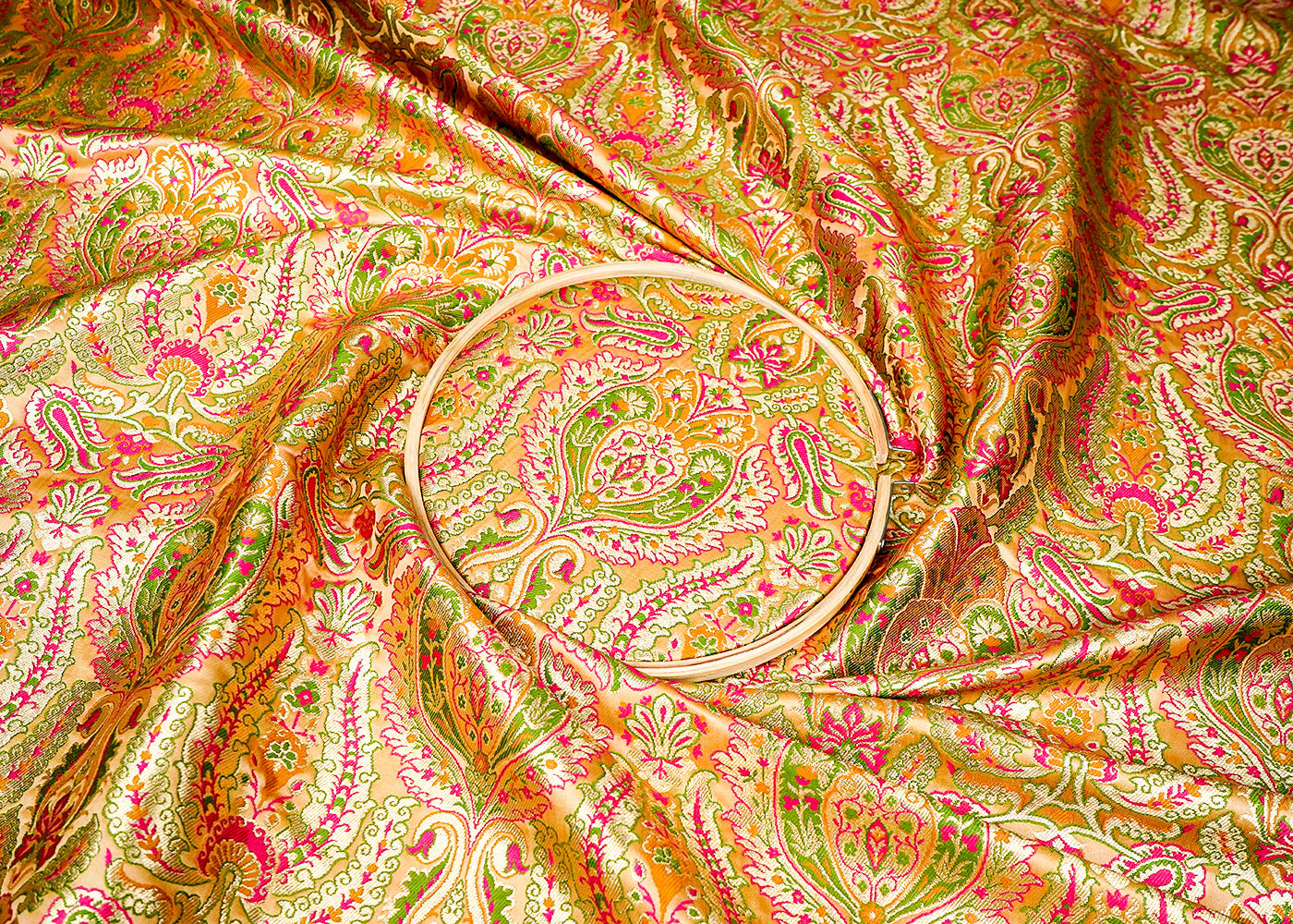 Golden Banarasi Brocade Fabric With Allover Golden Zari Handloom 16132