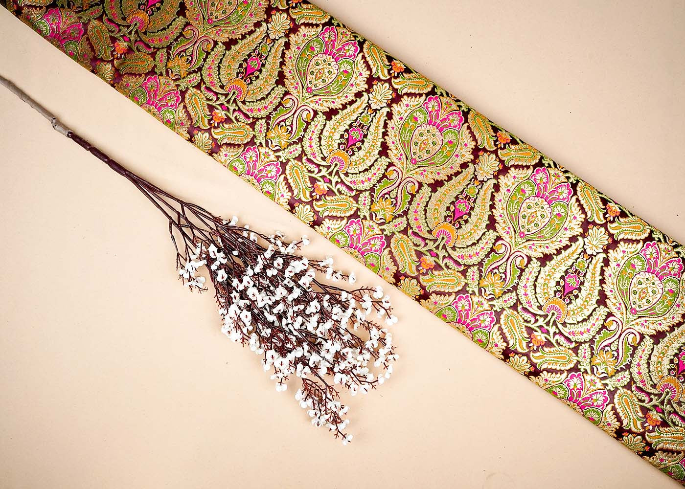 Maroon Banarasi Brocade Fabric With Allover Golden Zari Handloom 16133