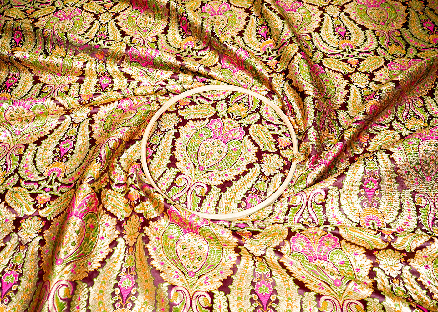 Maroon Banarasi Brocade Fabric With Allover Golden Zari Handloom 16133