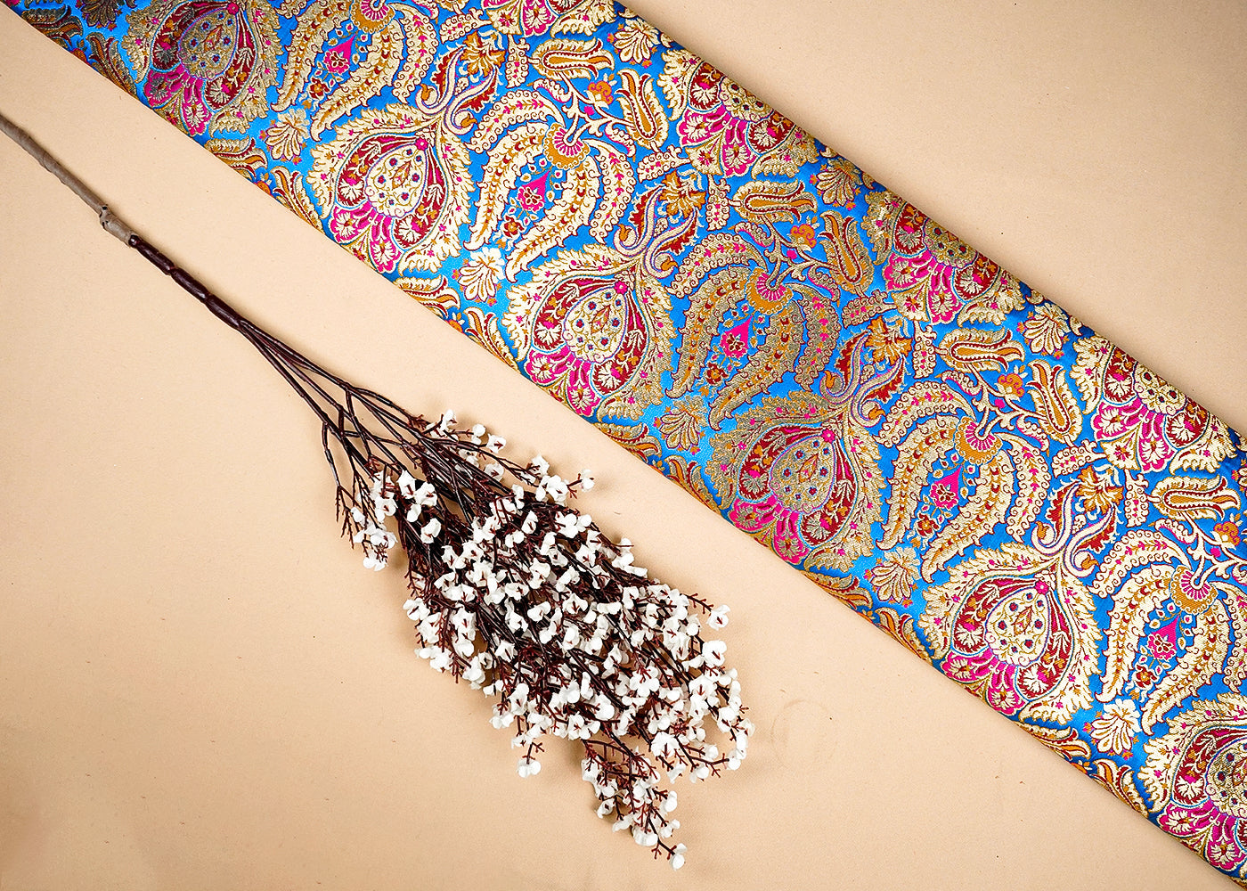 Blue Banarasi Brocade Fabric With Allover Golden Zari Handloom 16135