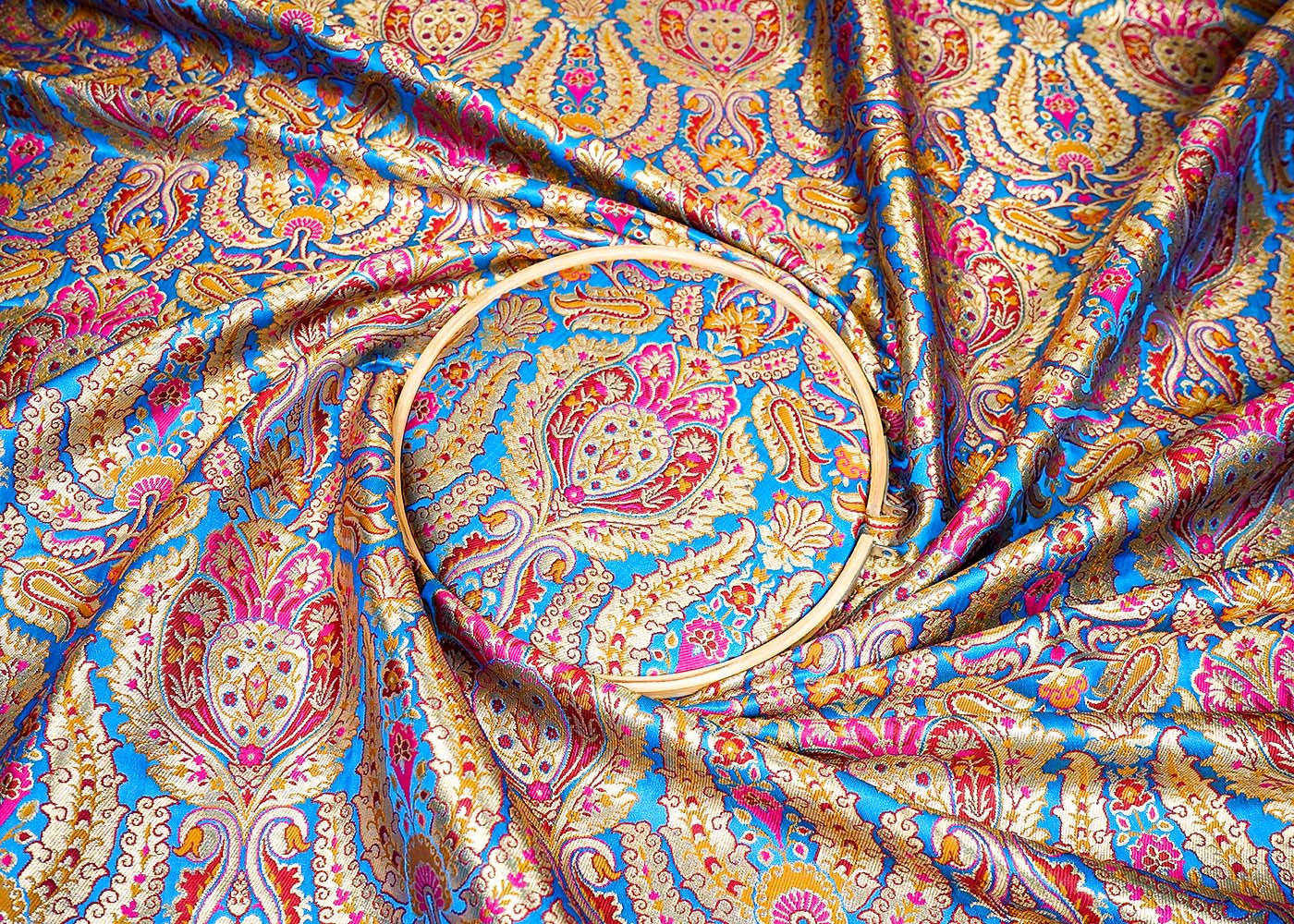 Blue Banarasi Brocade Fabric With Allover Golden Zari Handloom 16135