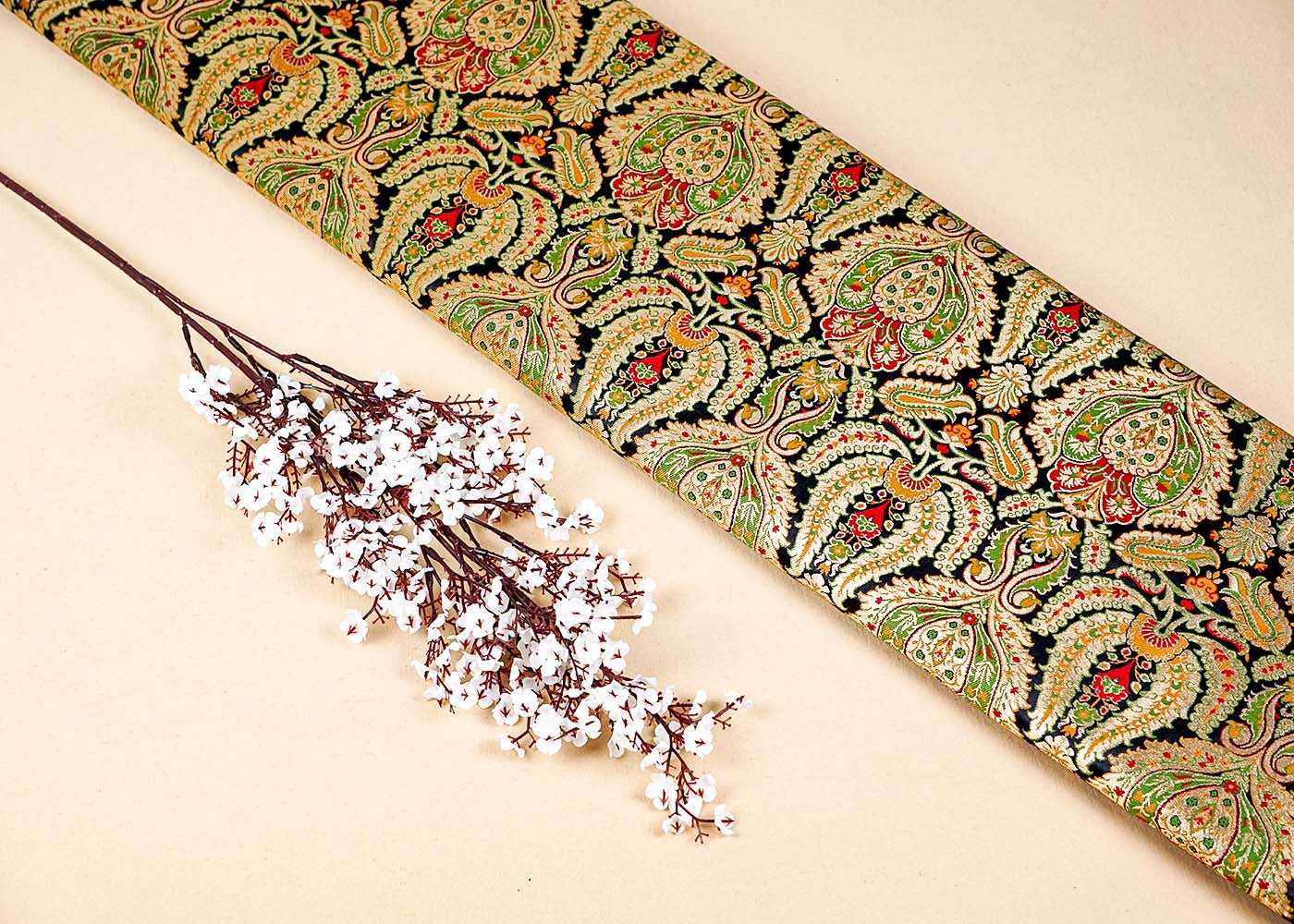 Black Banarasi Brocade Fabric With Allover Golden Zari Handloom 16136