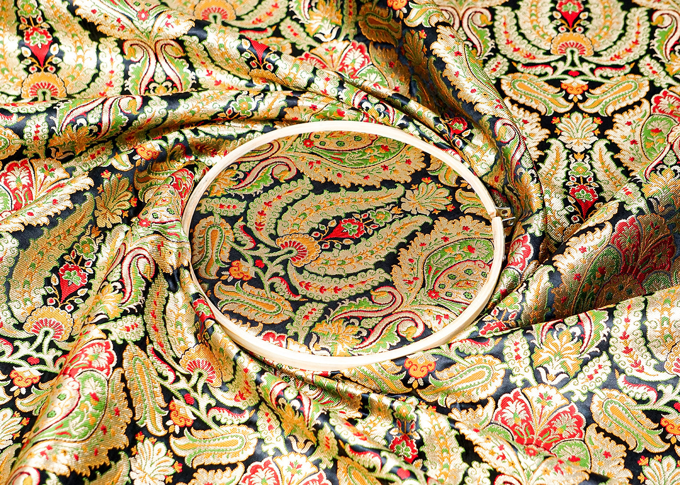 Black Banarasi Brocade Fabric With Allover Golden Zari Handloom 16136