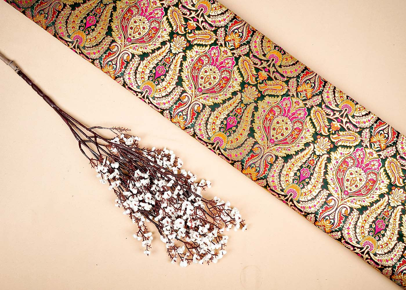 Bottle Green Banarasi Brocade Fabric With Allover Golden Zari Handloom 16137
