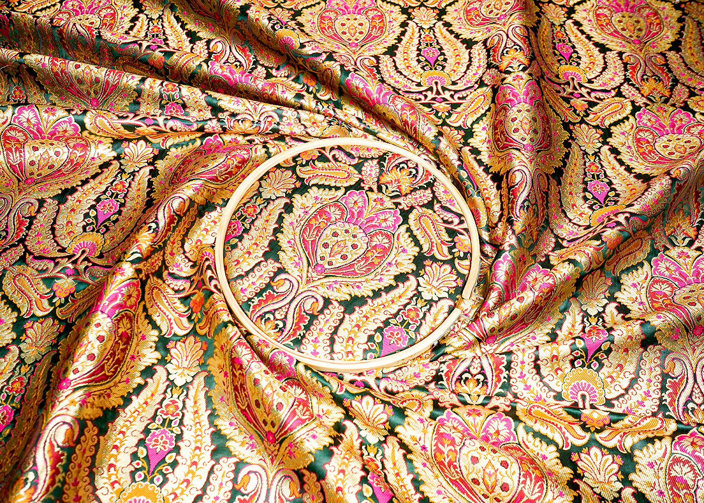 Bottle Green Banarasi Brocade Fabric With Allover Golden Zari Handloom 16137