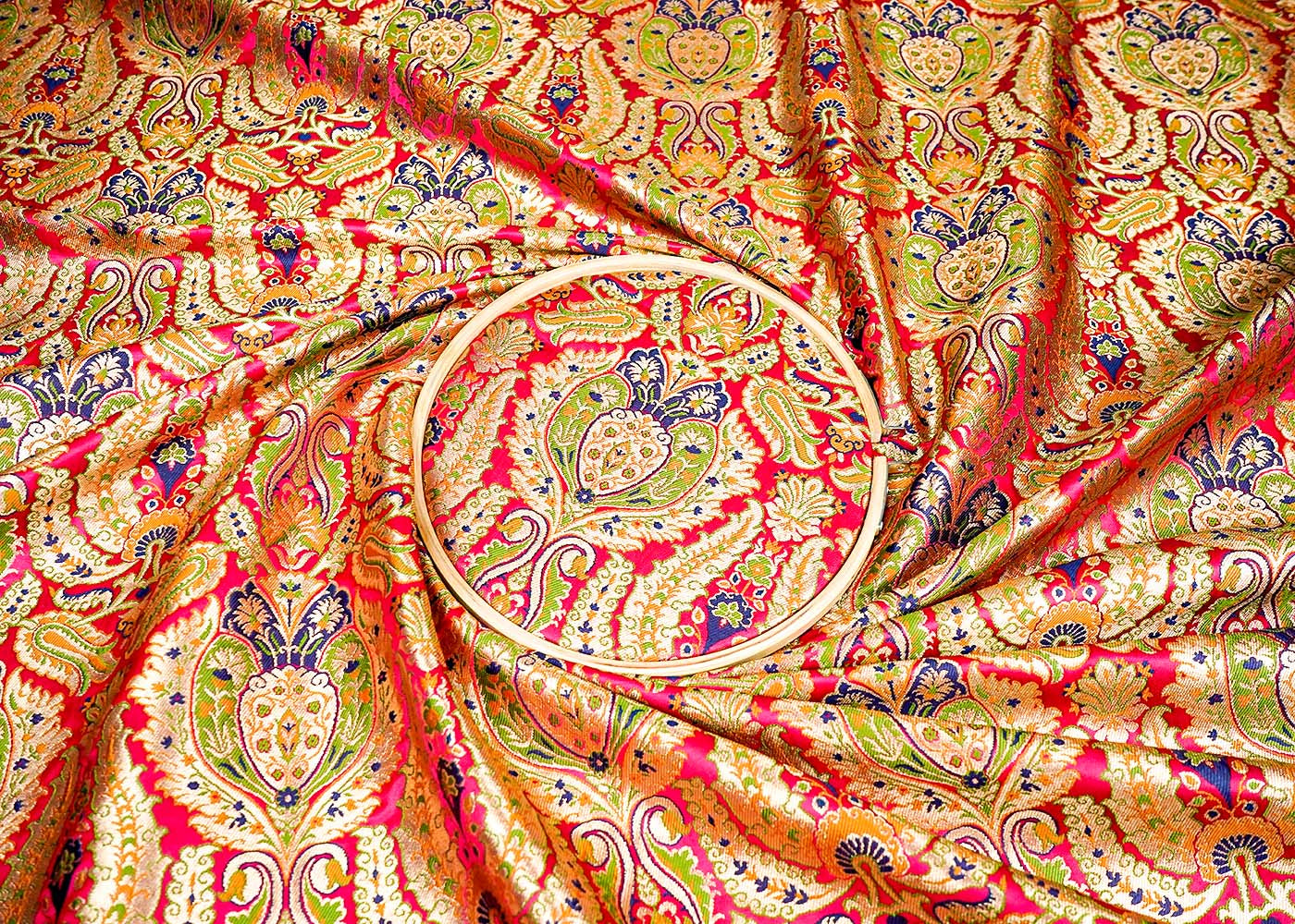 Magenta Banarasi Brocade Fabric With Allover Golden Zari Handloom 16138
