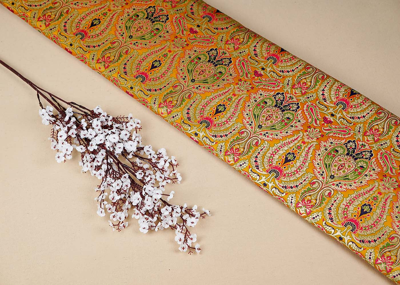 Yellow Banarasi Brocade Fabric With Allover Golden Zari Handloom 16139