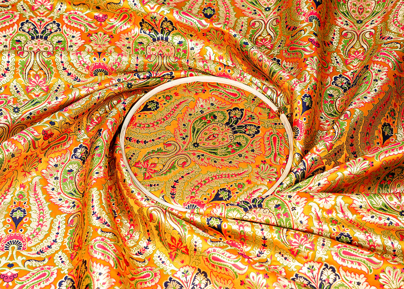 Yellow Banarasi Brocade Fabric With Allover Golden Zari Handloom 16139