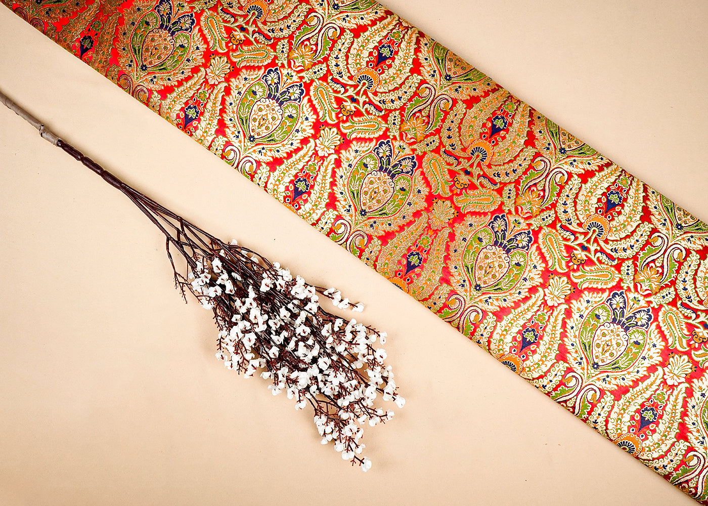 Red Banarasi Brocade Fabric With Allover Golden Zari Handloom 16140