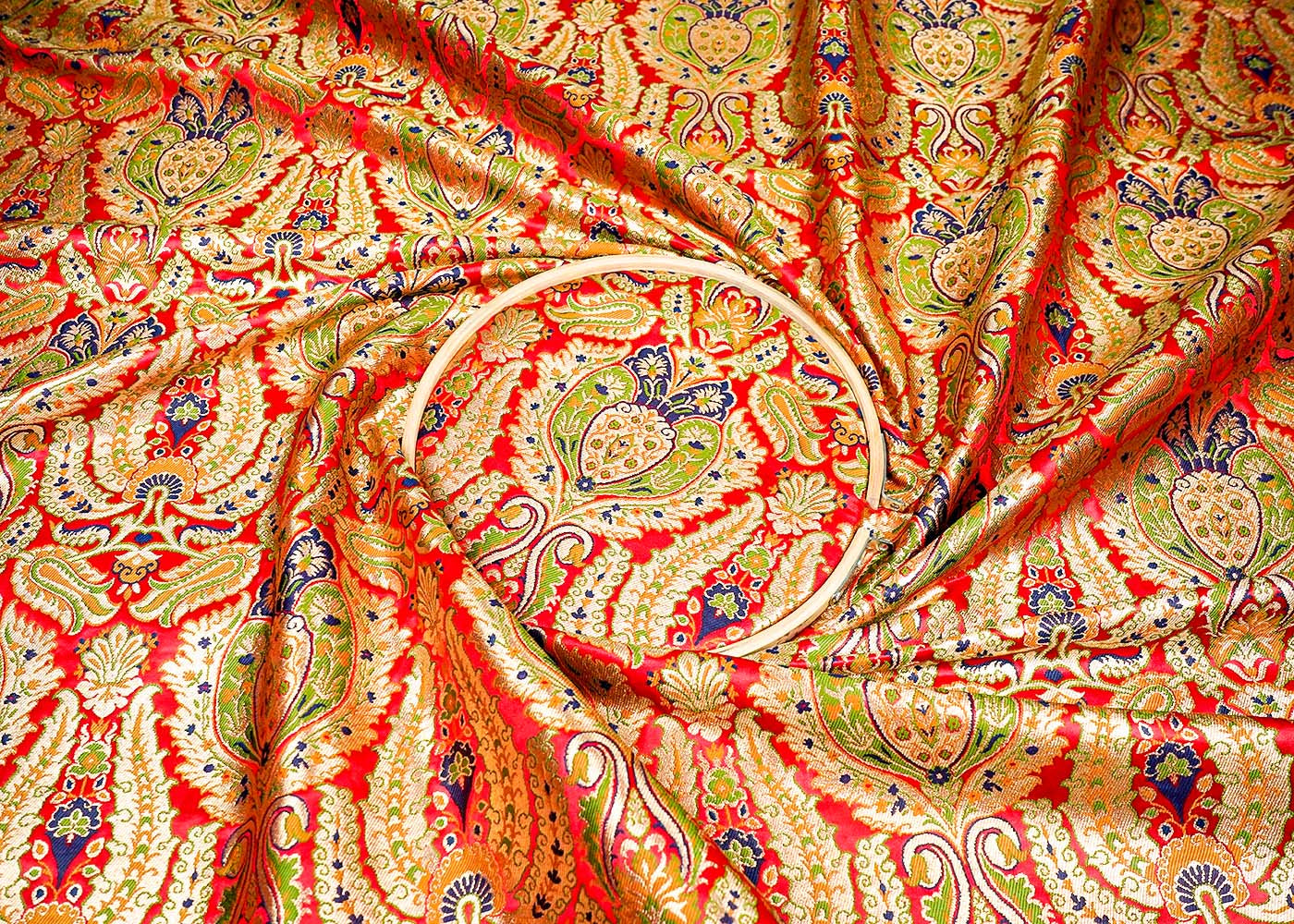Red Banarasi Brocade Fabric With Allover Golden Zari Handloom 16140
