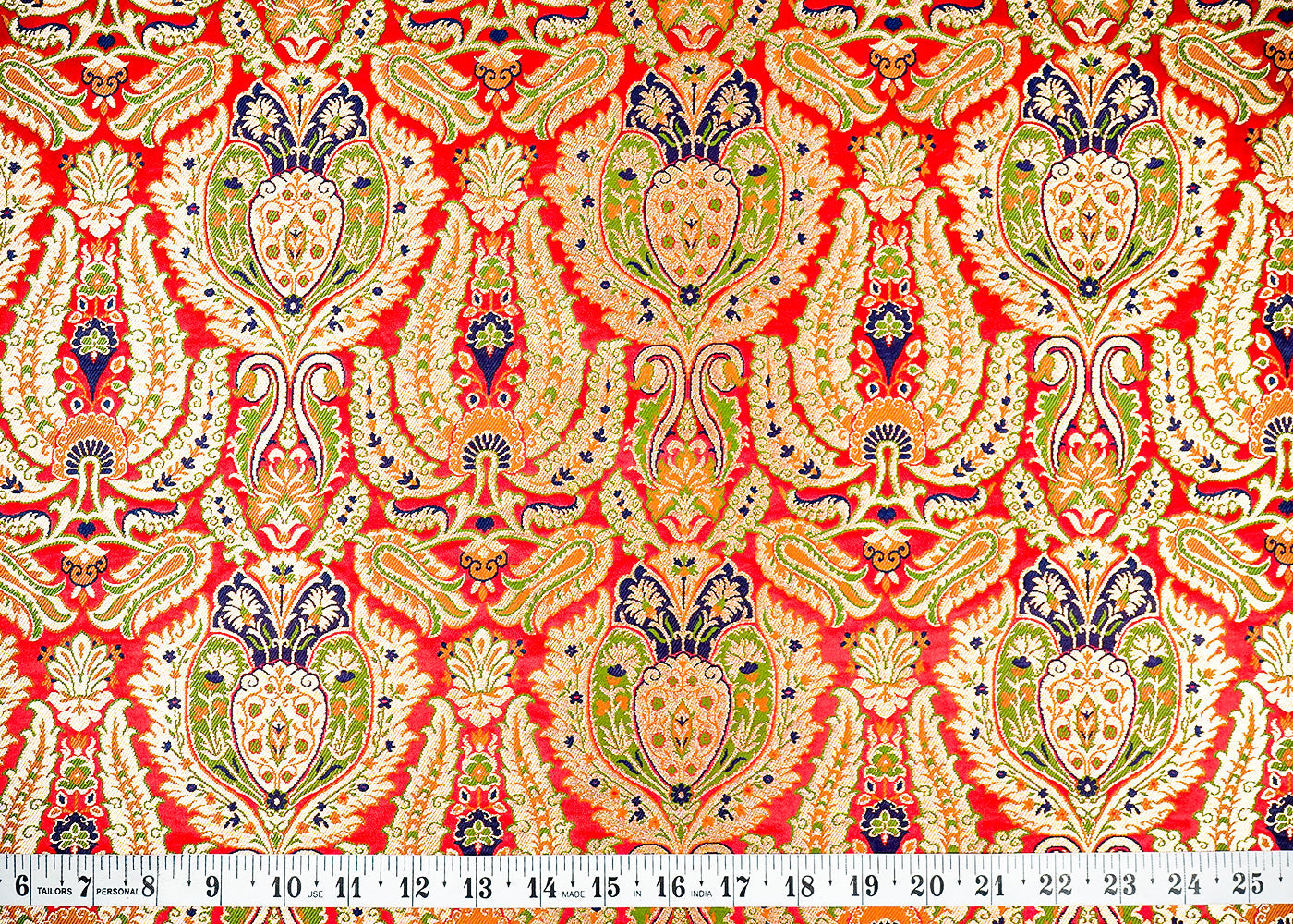 Red Banarasi Brocade Fabric With Allover Golden Zari Handloom 16140