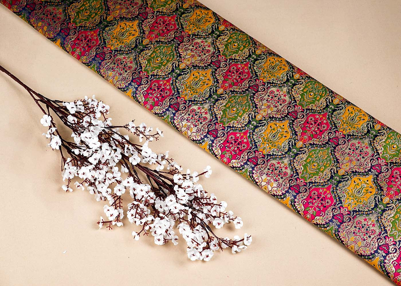 Navy Blue Banarasi Brocade Fabric With Allover Thread and Zari Handloom 16143
