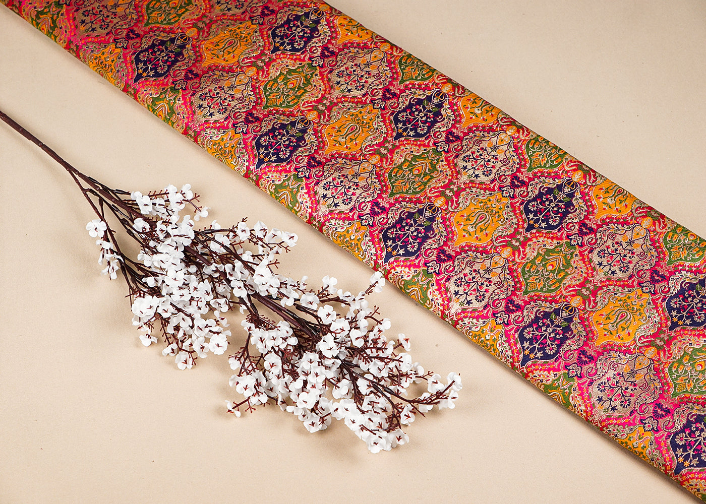 Pink Banarasi Brocade Fabric With Allover Thread and Zari Handloom 16145