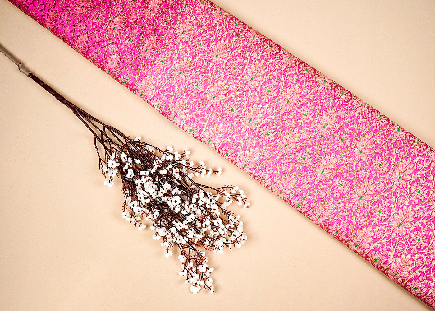 Magenta Banarasi Brocade Fabric With Allover Golden Zari Handloom 16147
