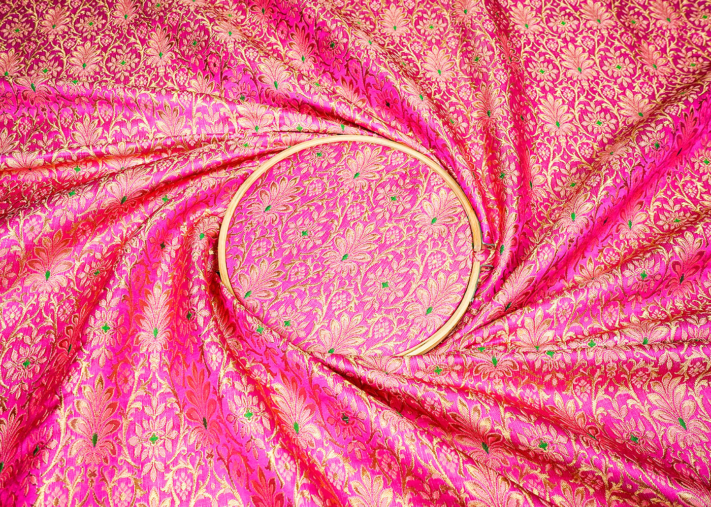 Magenta Banarasi Brocade Fabric With Allover Golden Zari Handloom 16147