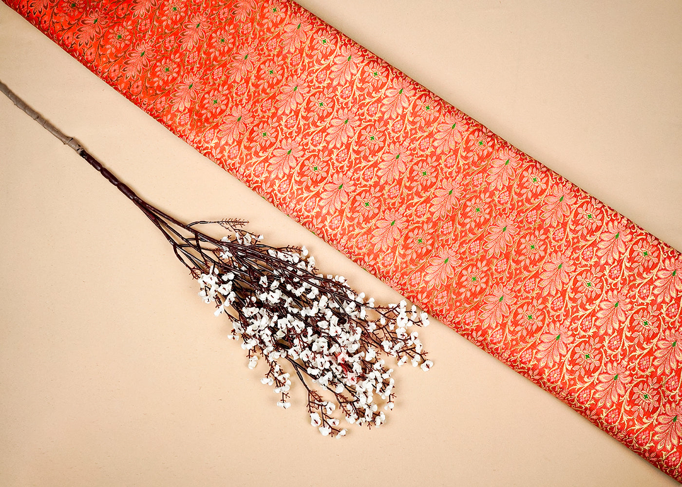 Orange Banarasi Brocade Fabric With Allover Golden Zari Handloom 16148
