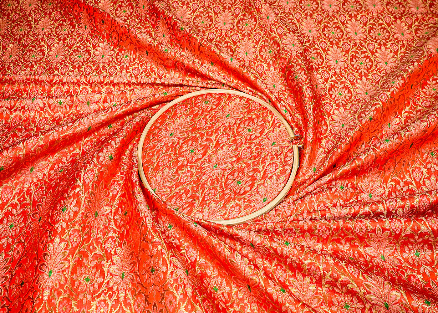Orange Banarasi Brocade Fabric With Allover Golden Zari Handloom 16148