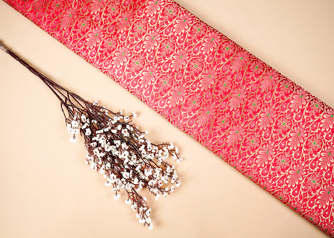 Red Banarasi Brocade Fabric With Allover Golden Zari Handloom 16150
