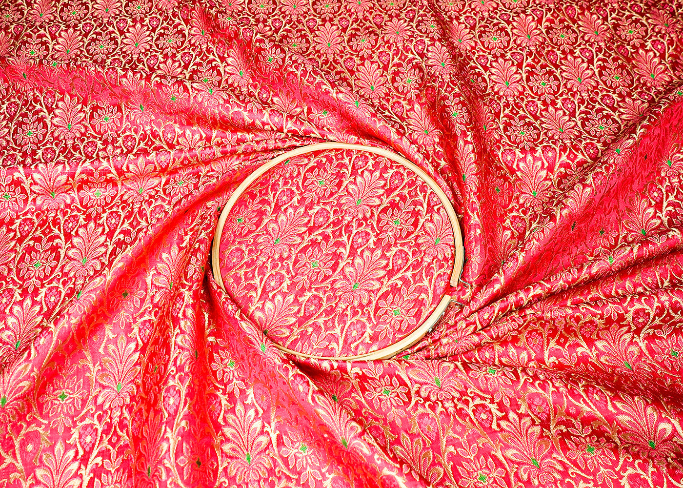 Red Banarasi Brocade Fabric With Allover Golden Zari Handloom 16150