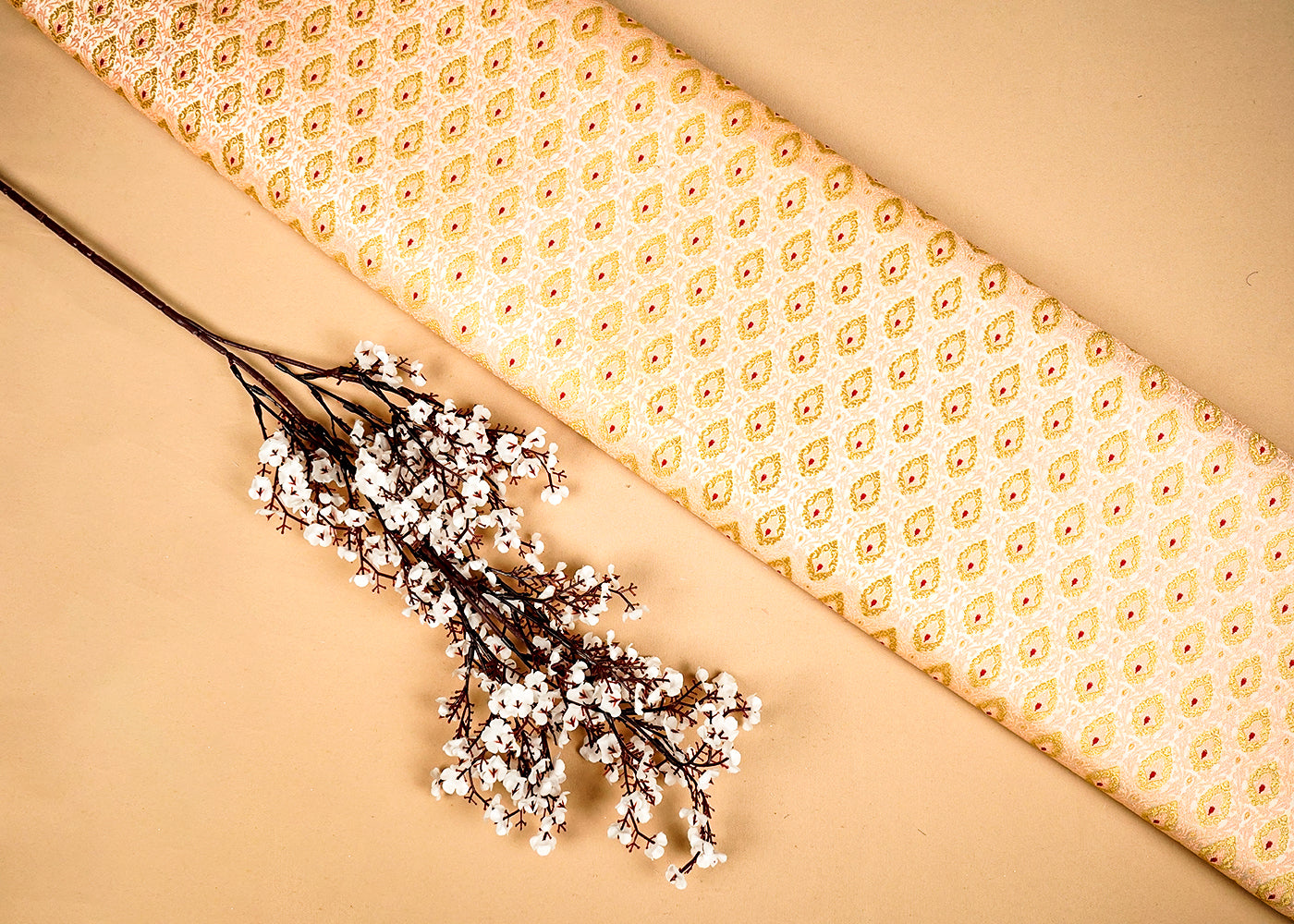 Peach Banarasi Brocade Fabric With Allover Thread Zari Handloom 16153